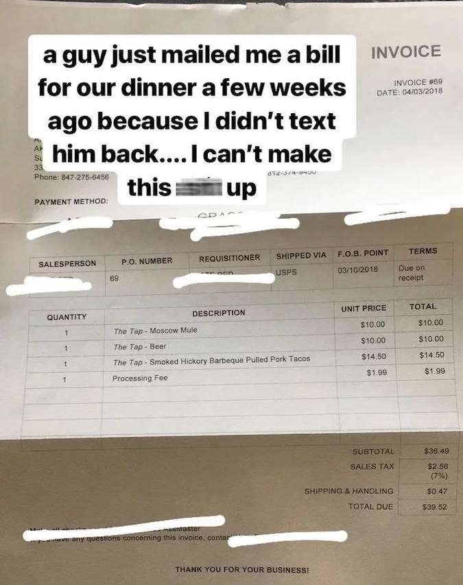 A man sends woman a $40 invoice after dinner date