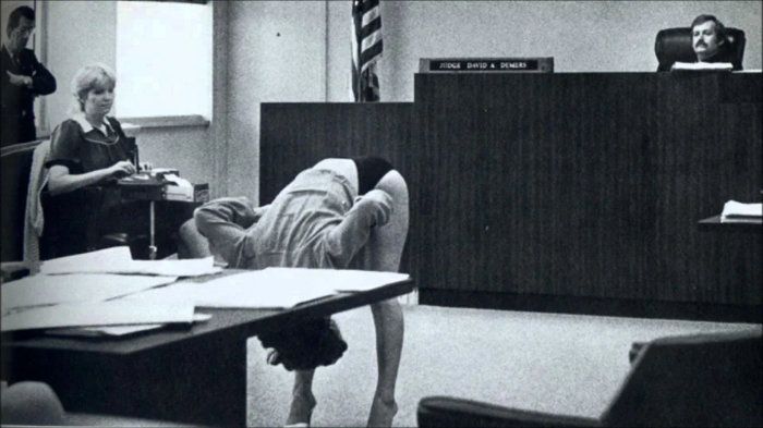 A woman showing a judge that her underwear wasn't visible