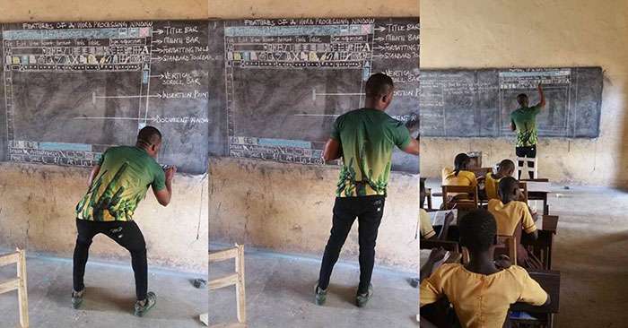Teacher in Ghana shows Microsoft Word on blackboard 