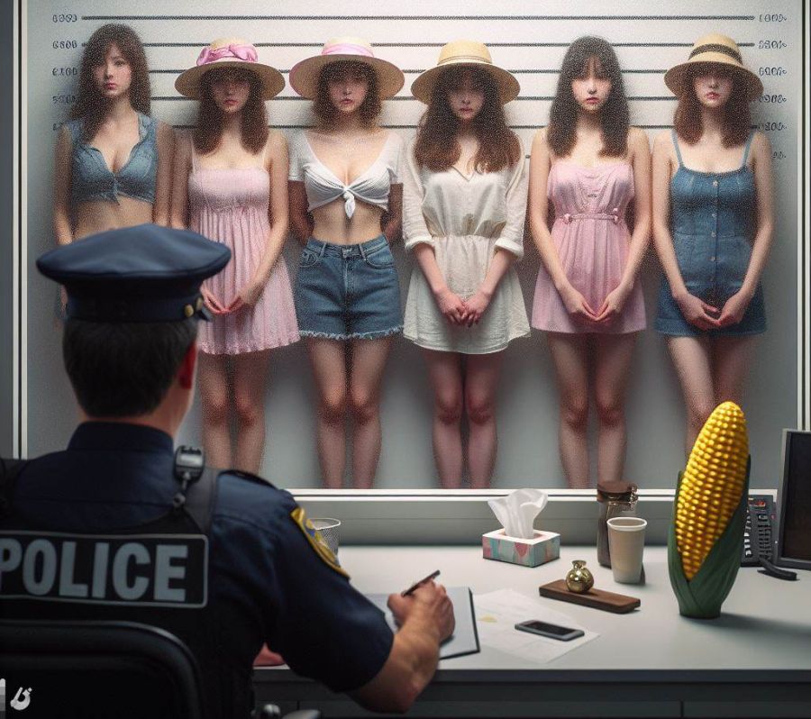 Create an image: a police witness lineup of five women of different body types, wearing short sundress and hat with pink ribbon, they are standing behind a tinted semi frost glass pane facing camera, 